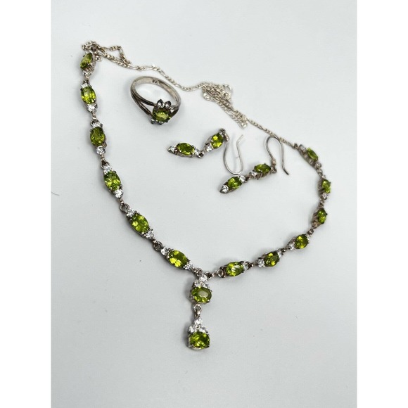 Natural Peridot Gemstone 925 sterling silver Handmade necklace Set Earning Ring - Picture 8 of 10